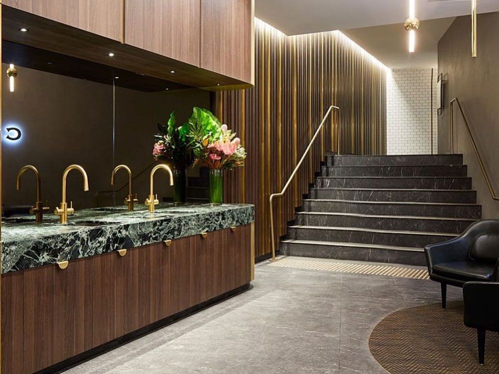 End of Trip Handrail GOLD METALLIC<br />FACTORY FINISHED PRIOR TO INSTALL Chifley Towers, Sydney
